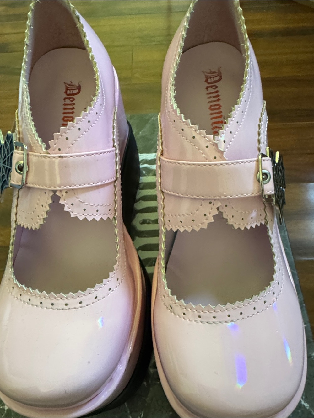 Demonia Pink Patent Mary Jane Platform Shoes with Spiderweb Buckle - Picture 2 of 7